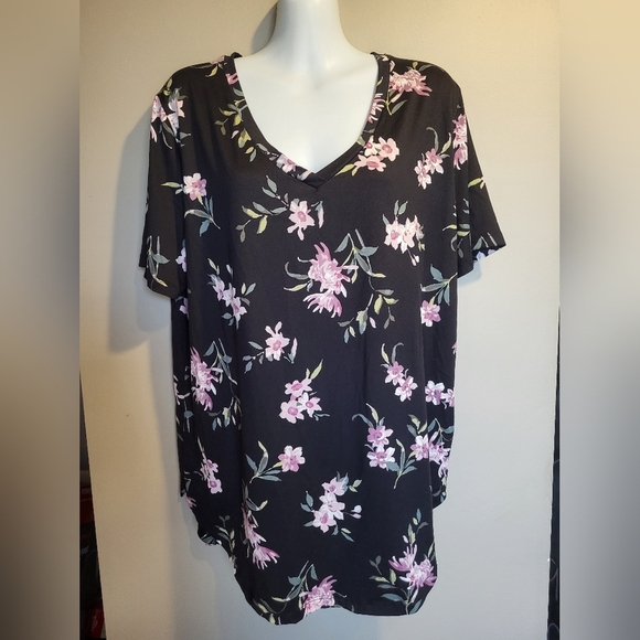 Eclipse Black and Pink Floral Short Sleeve Top, Size XL - Picture 2 of 6
